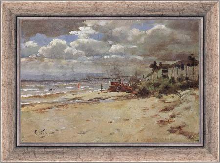 framed  Girolamo Nerli Coast scene with pier, Ta3071-1
